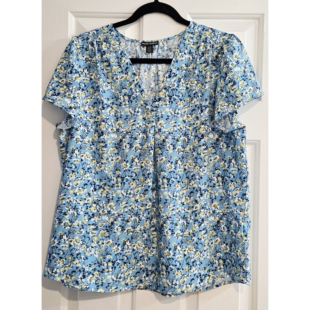 Hilary Radley Floral Blouse Size Large Blue White Yellow V-Neck Pleat Top Shirt